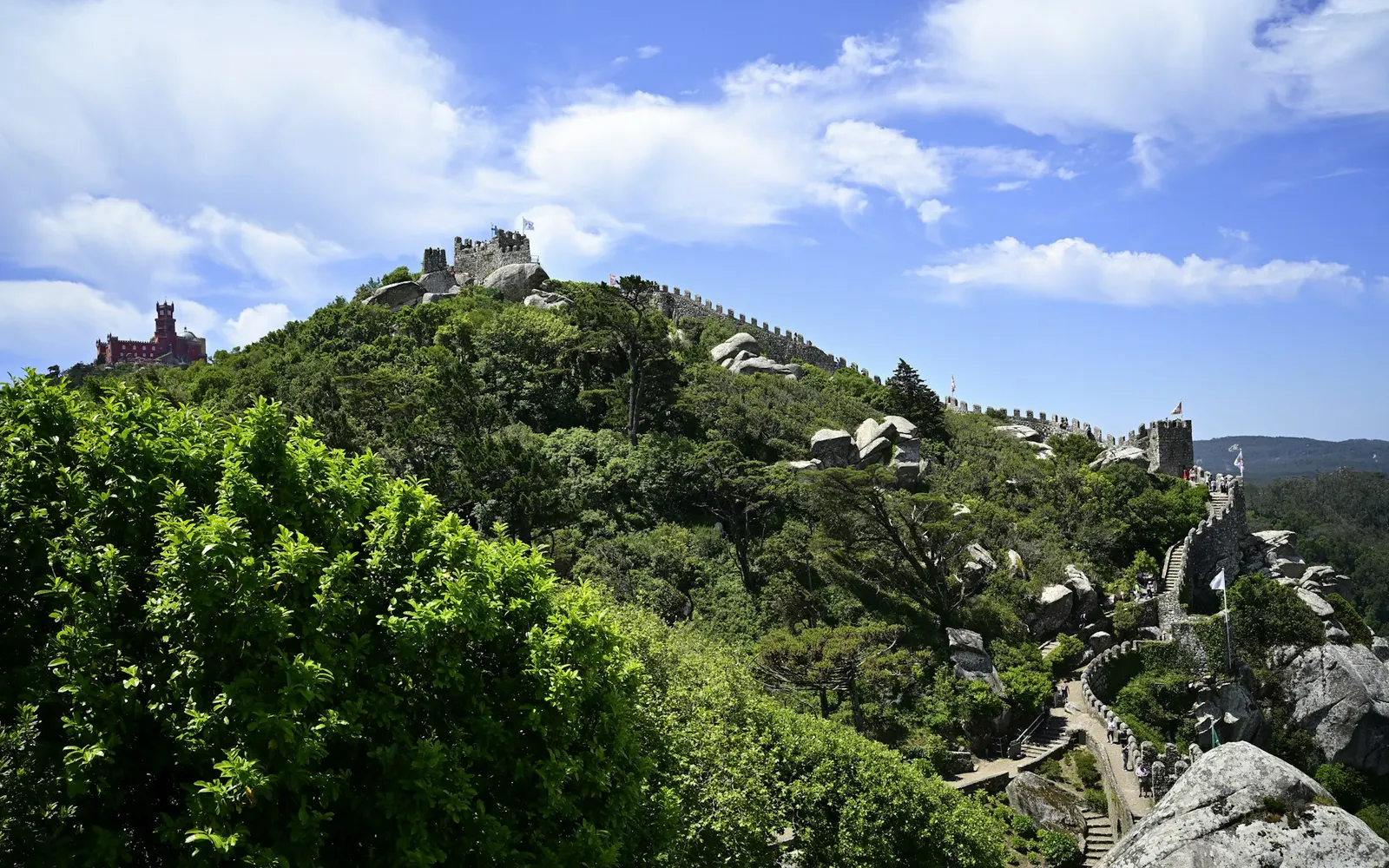 The Moorish Castle walls linking two wooded granite peaks above Sintra